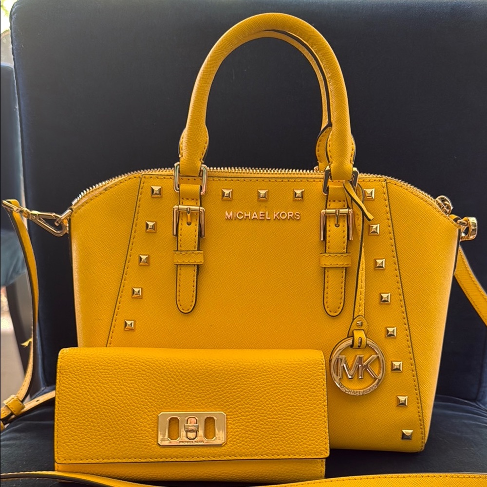 Michael Kors Yellow Studded Handbag and Wallet Set